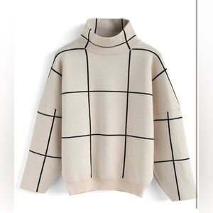 Women’s casual comfy long sleeve cream grid turtleneck